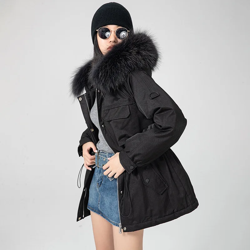 Down Jacket Women's Autumn Winter 90% White Eiderdown Hooded Raccoon Fur Collar Coat Women's Warmer Medium Length Wear