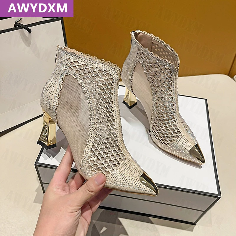 

Summer Fad Mesh High Heels Women Sandals Boots Designer Pointed Toe Breathable Shoes 2022 New Pumps Dress Party Women Sandals