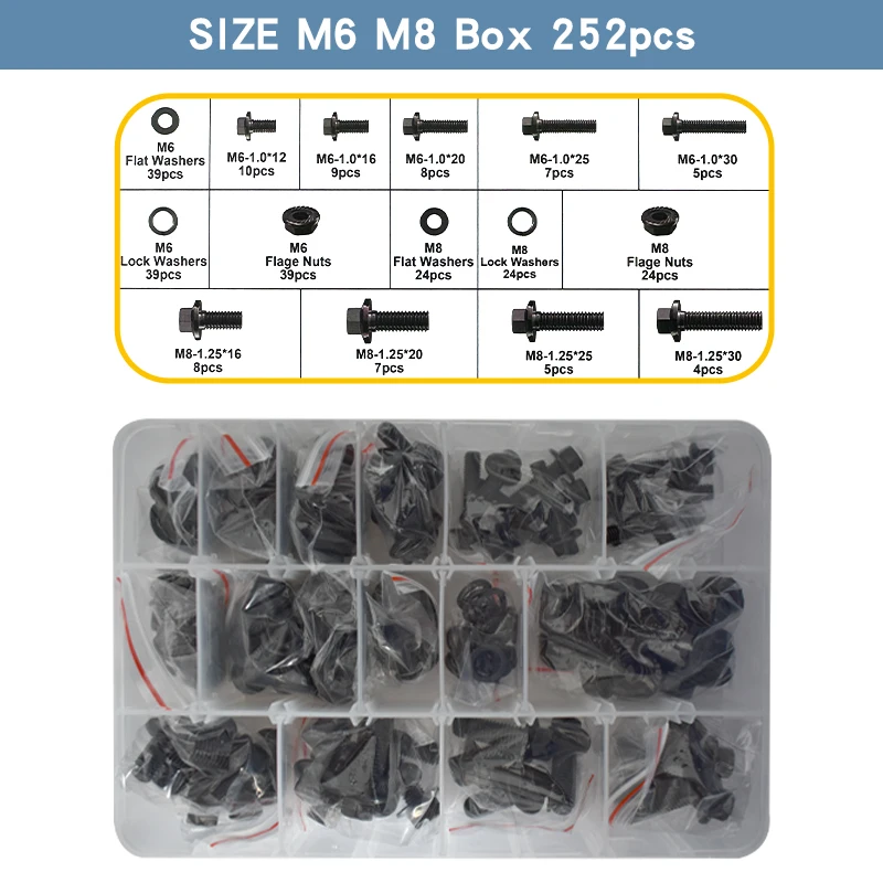 

Комплект болтов и гаек с шестигранной головкой M6 M8 | Черная оцинкованная легированная сталь класса 10,9 | Комплект метрических винтов с плоскими и стопорными шайбами | Болты