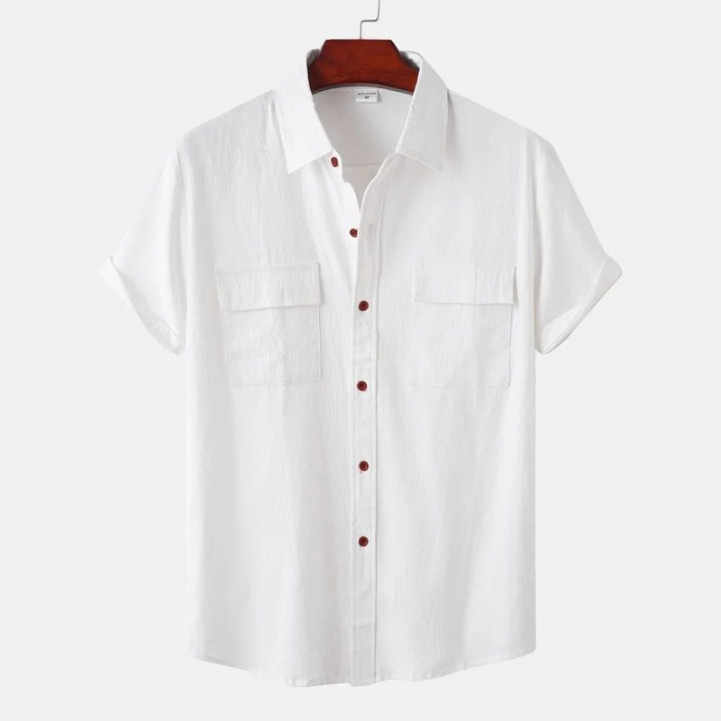 Фото Хлопковая льняная однотонная белая рубашка для мужчин Летняя Повседневная с