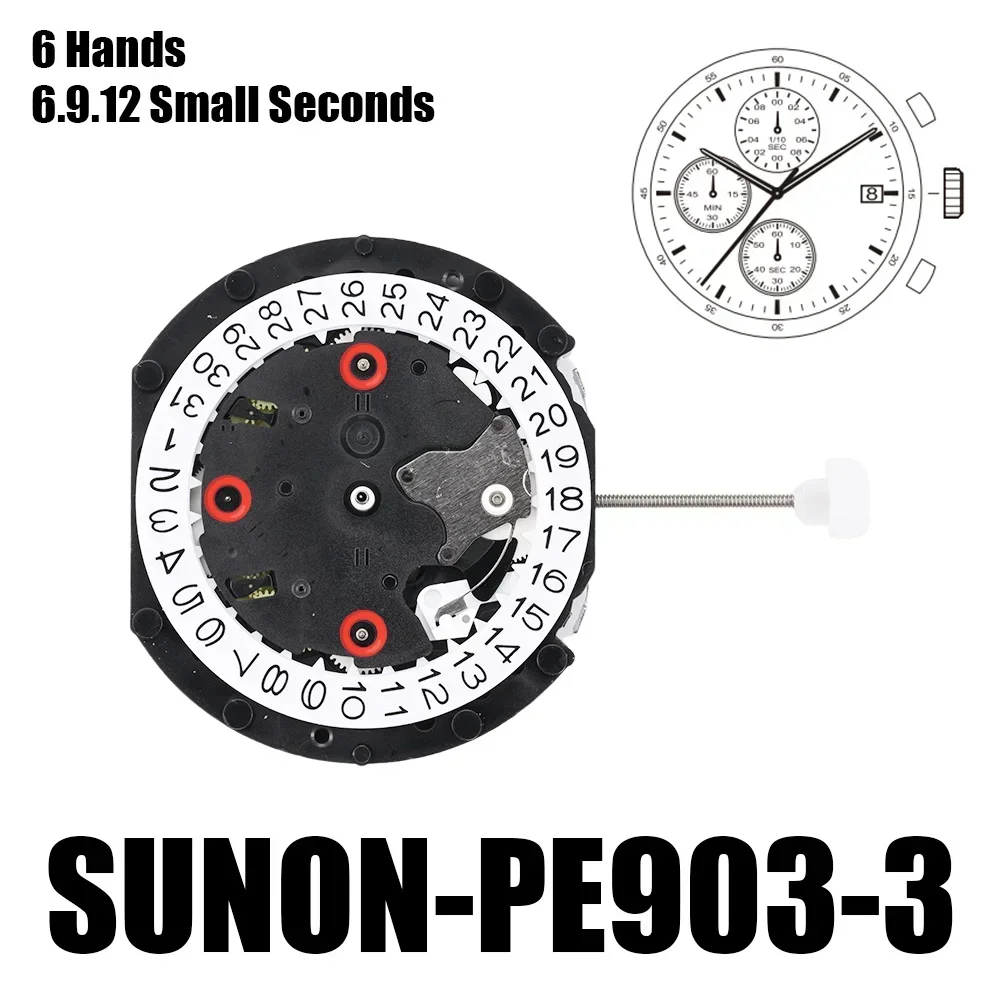 Механизм PE903 sunon Китай Ligne Quartz Три стрелки с 3 глазами и датой Маленький хронограф