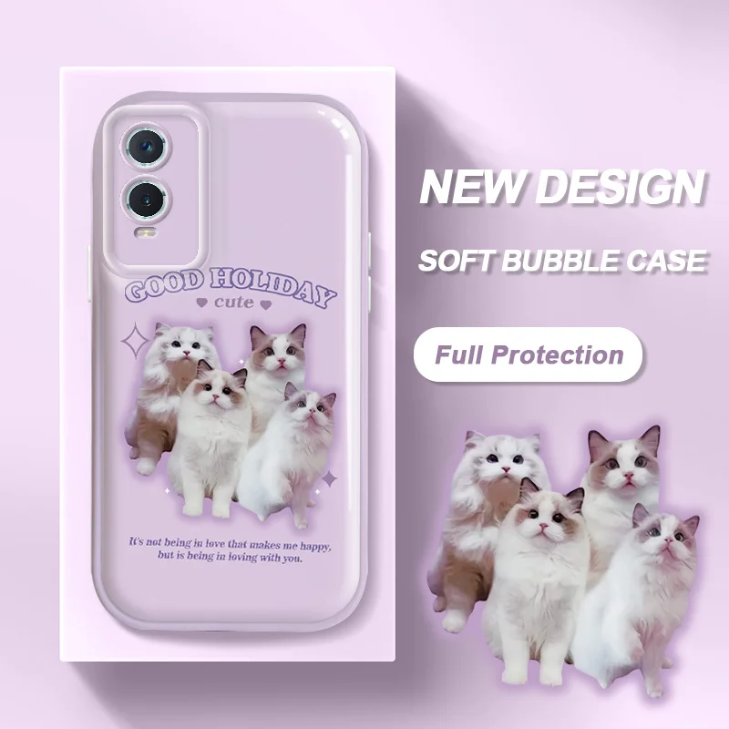 

For vivo Y76S Y74S Y70S Y51S Y70T Y52S Y50 Y30 Y30i iQOO U1 Case Cat Bubble Phone Case Glossy Air Cushion Soft Cover
