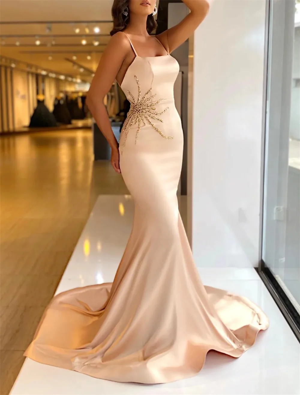 

Mermaid Trumpet Evening Dresses Elegant Dress Prom Court Train Sleeveless Spaghetti Strap Satin with Appliques Pure Color