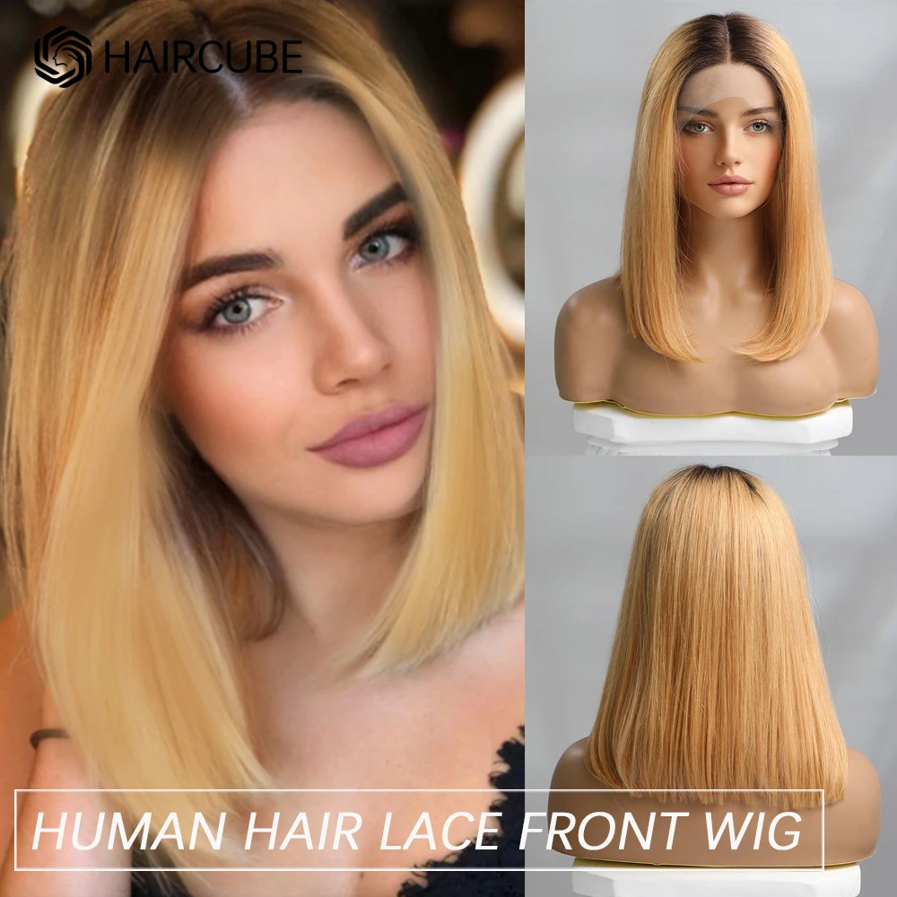 

Парик HAIRCUBE 13x1 из прозрачного кружева Боб, парик из человеческих волос на шнуровке спереди, парики для женщин, Омбре, медовая блондинка, средн...