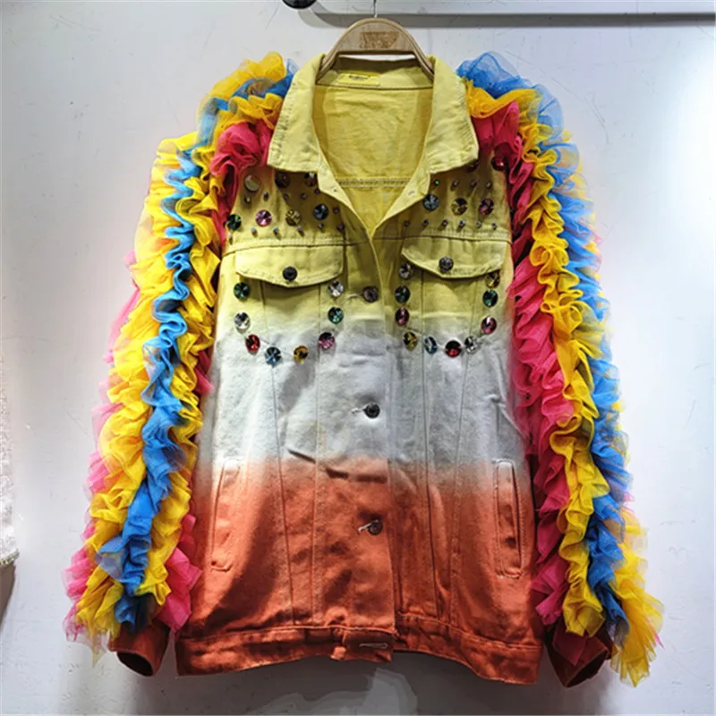 

Streetwear Fashion Gradient Color Sequins Denim Jacket Coat Women Loose Casual Outwear Mesh Splicing Sleeve Jeans Jacket Female