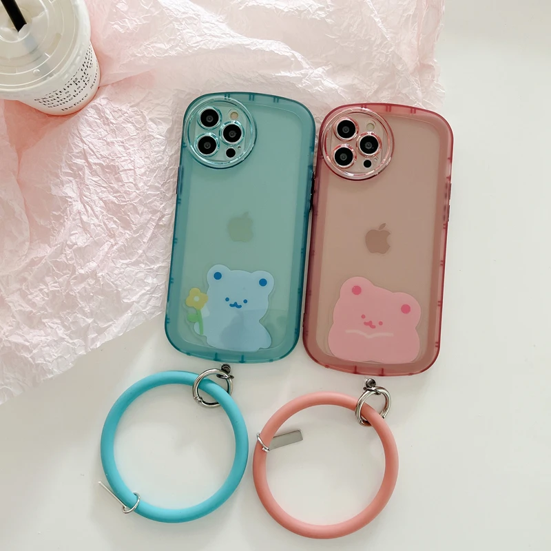 

Translucent Case with Bear Lanyard Phone Case for IPhone X XS XR Max XSMax 11 12 13 Pro Generation Cover Anti-Drop Bracelet