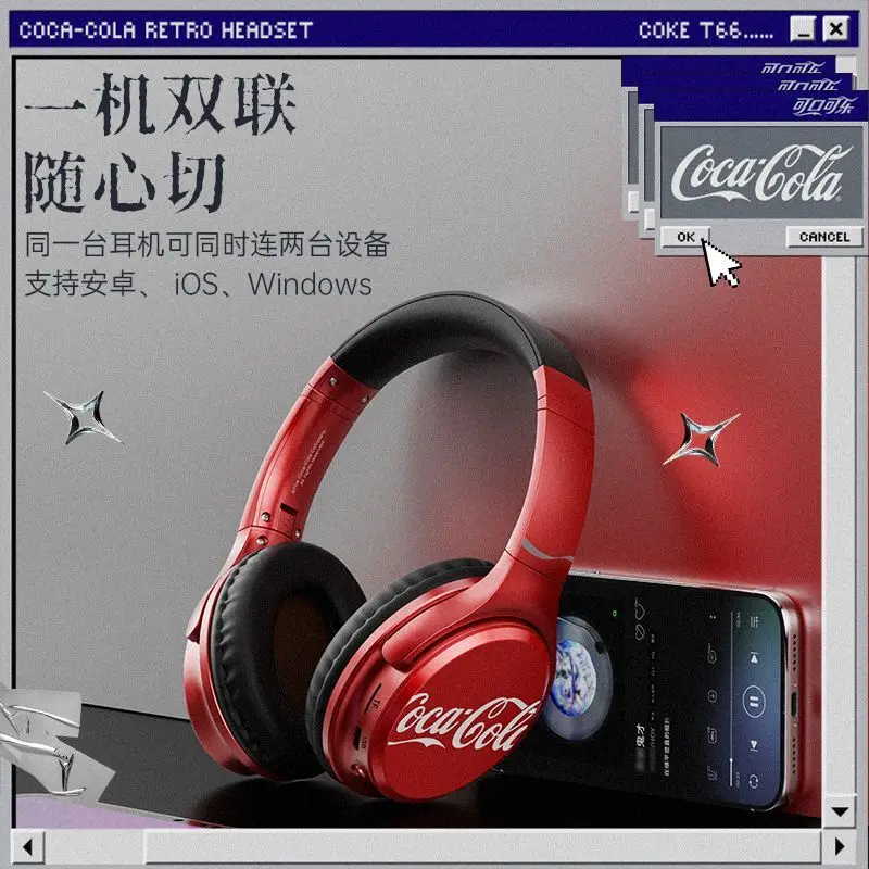 Фото Новые Bluetooth-наушники Coca-Cola T66, Bluetooth 6.0, накладные, из ABS-материала, беспроводные, ретро-дизайн, для игр и спорта, подарок. №3