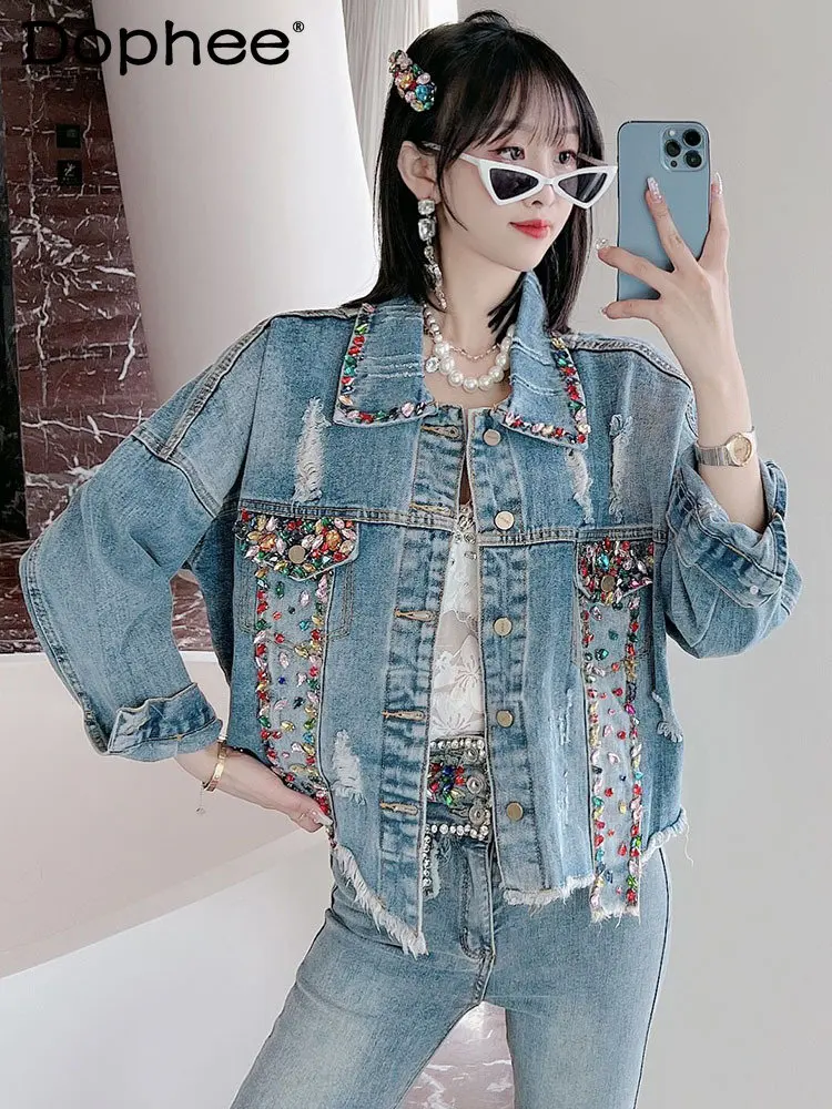 Heavy Industry Beads Colorful Crystals Denim Jacket Women Coats 2023 New Spring Single-Breasted Loose Jean Jacket Tops Outerwear