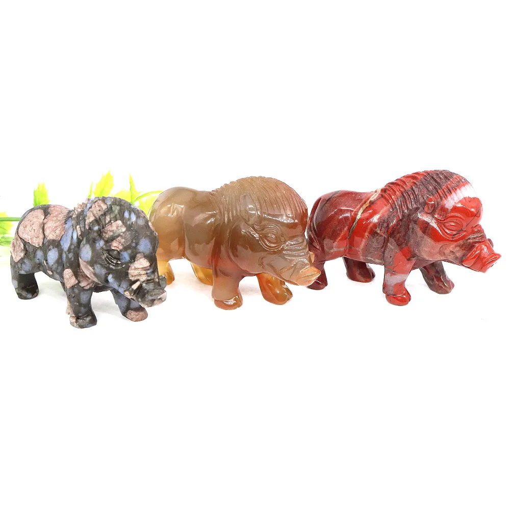 Wild Boar Statue Natural Stones Reiki Healing Crystal Carving Pig Animal Figurine Crafts Home Decoration Fengshui Ornament Gifts