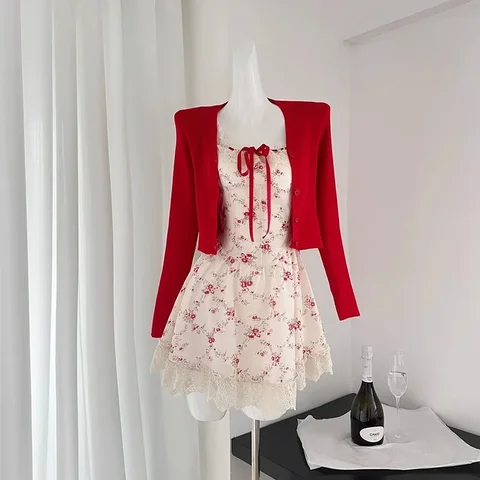 Новый комплект из двух предметов Sweet Cottagecore, женский новый красный вязаный кардиган + милое мини-платье, Женский Повседневный костюм с цветочным принтом