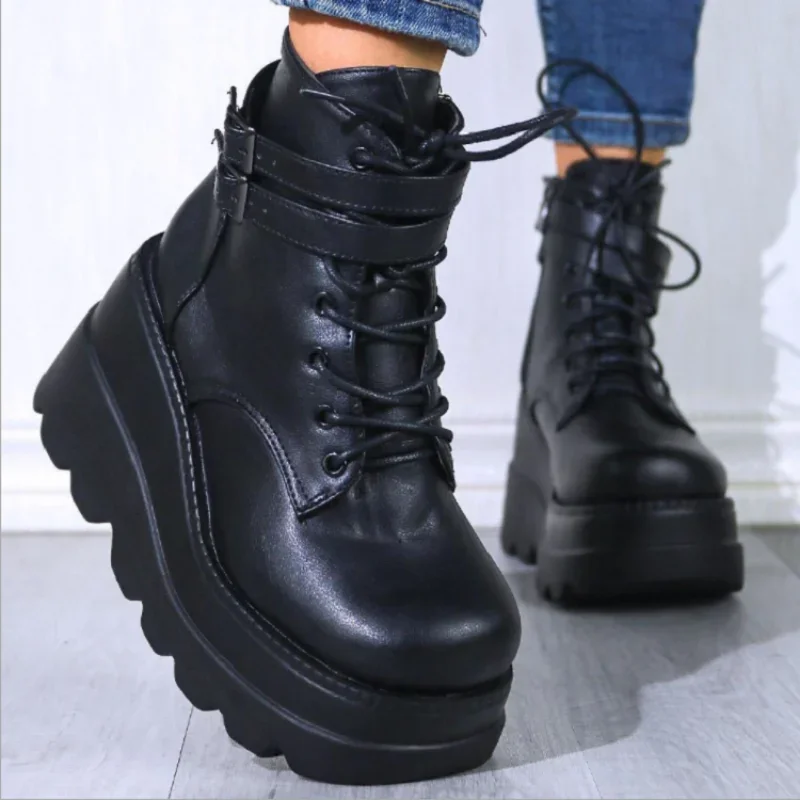 

Comemore New Female Punk High Heels Shoes for Woman Women 2023 Winter Fashion High Platform Boots Leather High Wedges Ankle Boot