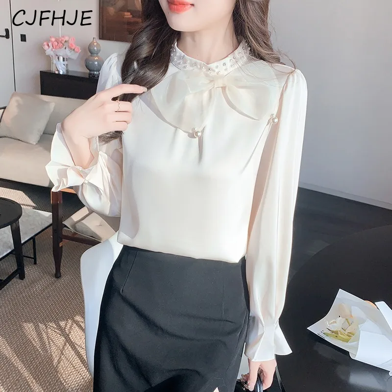 CJFHJE Женская однотонная шифоновая рубашка с вышивкой бисером и бантом на весну