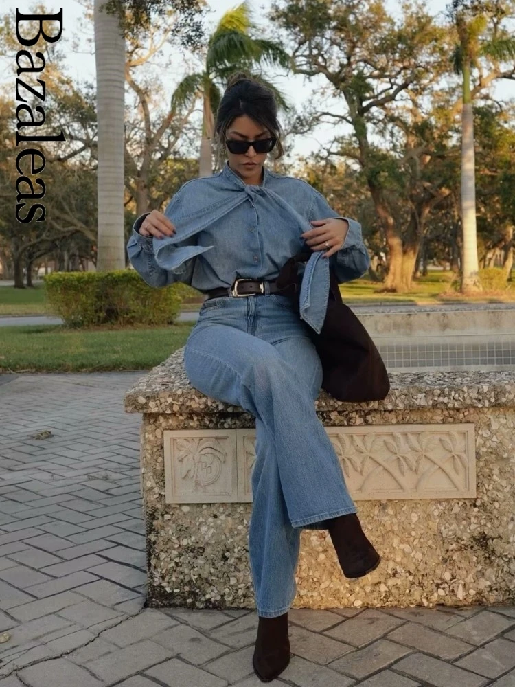 2024 женские официальные элегантные синие джинсовые рубашки Traf тонкие бандажные