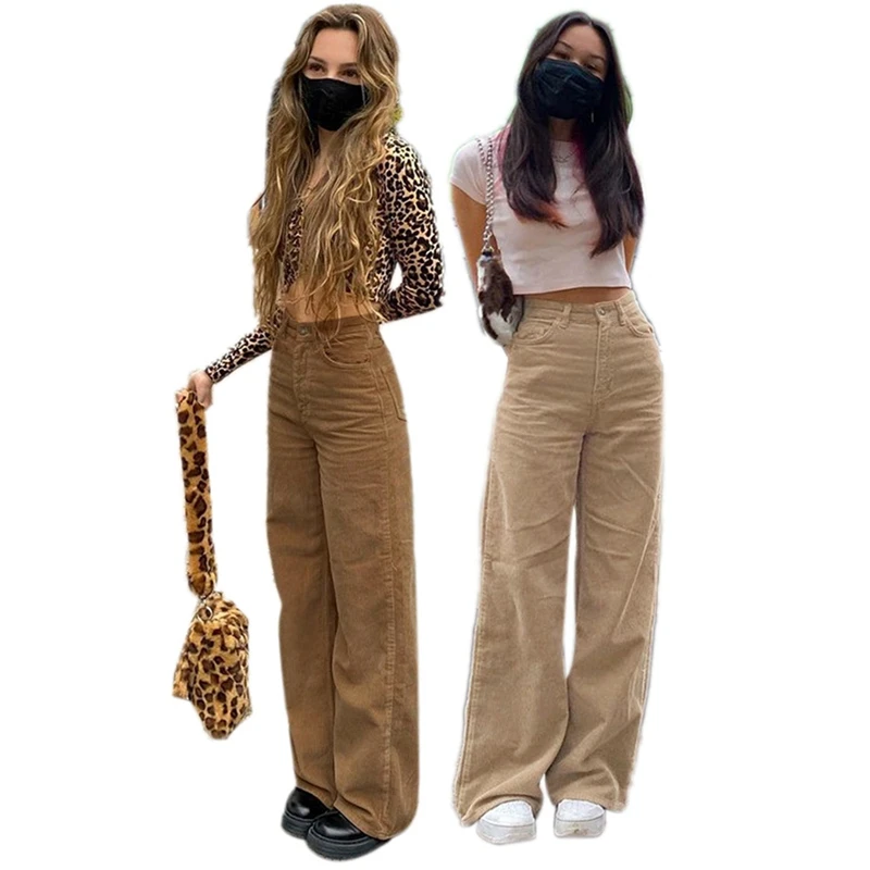 2 Pcs Women's Fashion Casual Corduroy Mopping Drape Wide-Leg Casual Trousers S Size, Khaki & Skin Tone