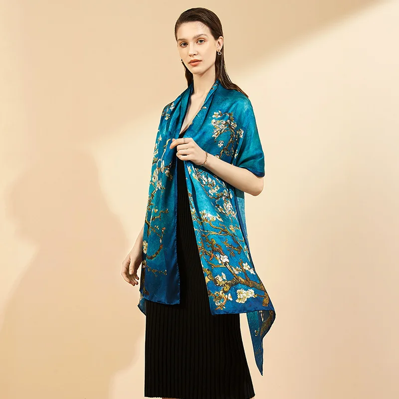 

2021 Van Gogh Apricot Flower Oil Painting Digital Printing Long Towel Gift Silk Scarf Shawls Silk Scarf