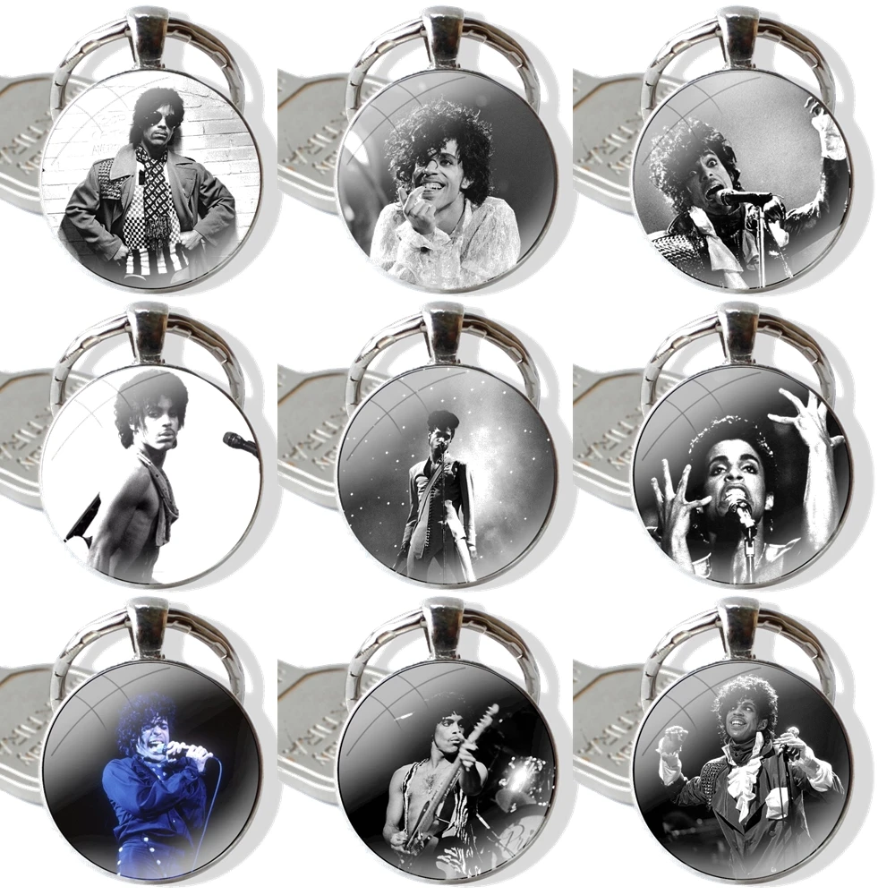 

Cartoon Design Creative Fashion Prince Rogers Nelson Poster Black and White Keychains Handmade Glass Cabochon Alloys Key Rings