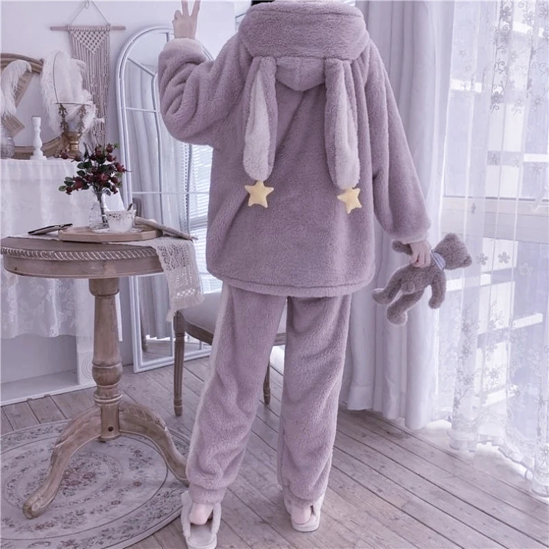 QWEEK Bunny Hooded Women's Pajamas Winter Kawaii Sleepwear Warm Pijama Female Set Woman 2 Pieces Pyjamas Nightwear Girl Pjs Suit