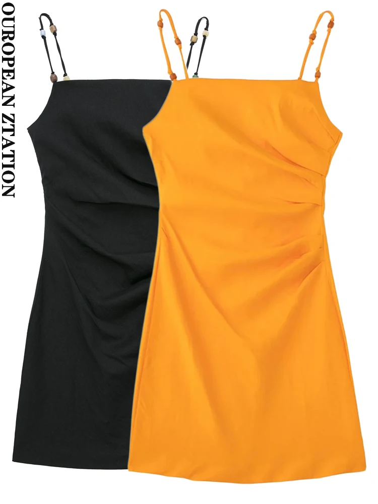

PAILETE Women 2022 fashion with beads draped linen blend mini dress vintage backless thin straps female dresses mujer