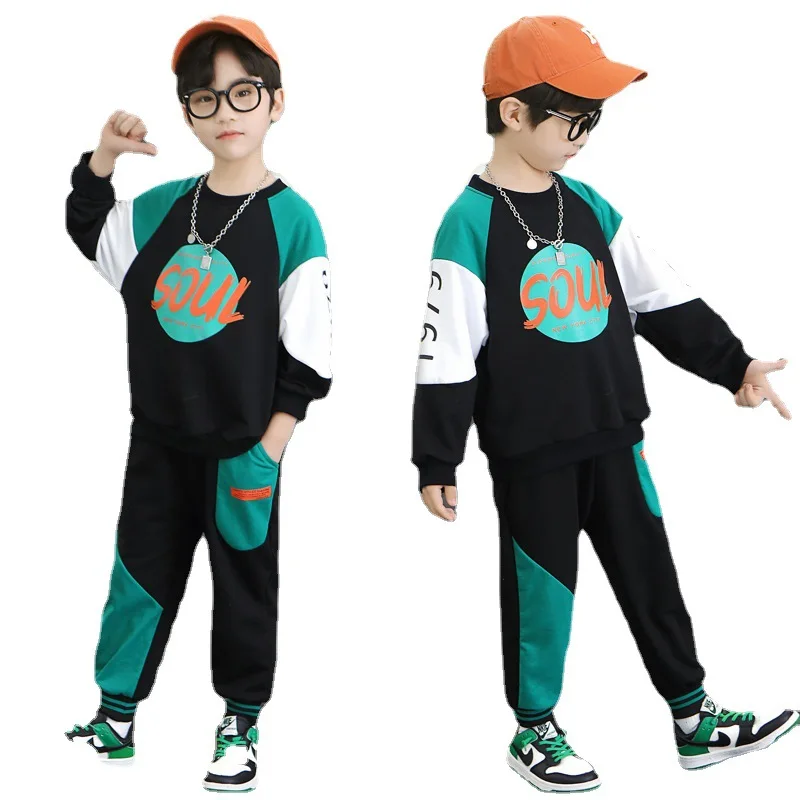 

Boys Spring Autumn Fashion Sportswear Kids Clothing Pullover Top + Pants 2pcs Teens Letter Print Splicing Casual Tracksuit 4-12Y