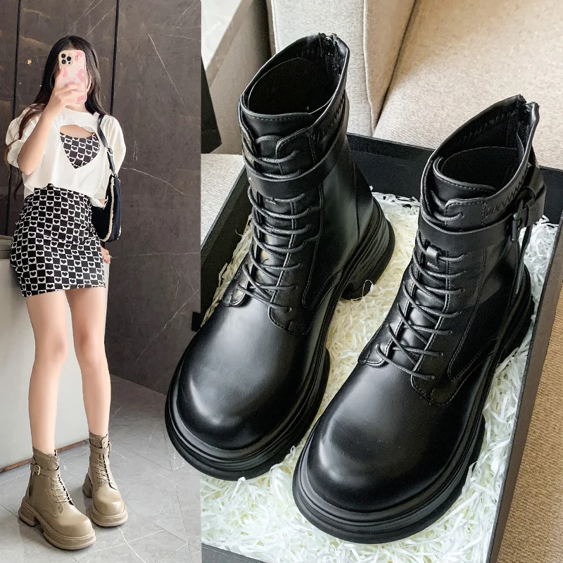 

Новинка 2023, модные рыцарские ботинки, повседневная спортивная обувь с круглым носком, повседневная обувь на шнуровке, увеличивающая рост, толстая подошва, белые женские ботинки