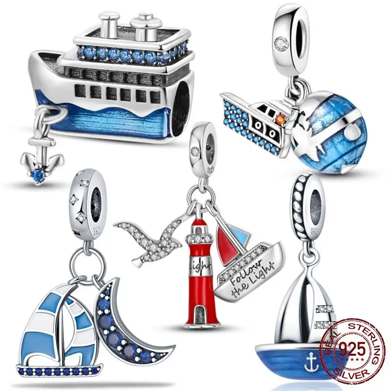 

New 925 Silver Steamboat Anchor Sparkling Blue CZ Yacht Beads Fit Pandora Bracelet Diy Authentic Silver Color Cruise Ship Charms