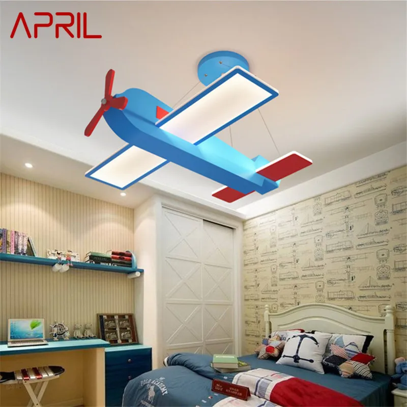 

APRIL Children's Airplane Pendant Lamp LED Creative Blue Cartoon For Kids Room Kindergarten Light Bimmable With Remote Control