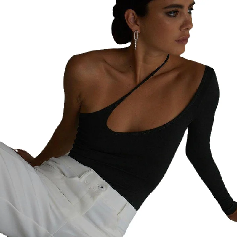 

Sexy Irregular Straps Cropped Tops Chic Women's T-Shirts Vintage Elegant Black Long Sleeve One Shoulder Top Designer Tees