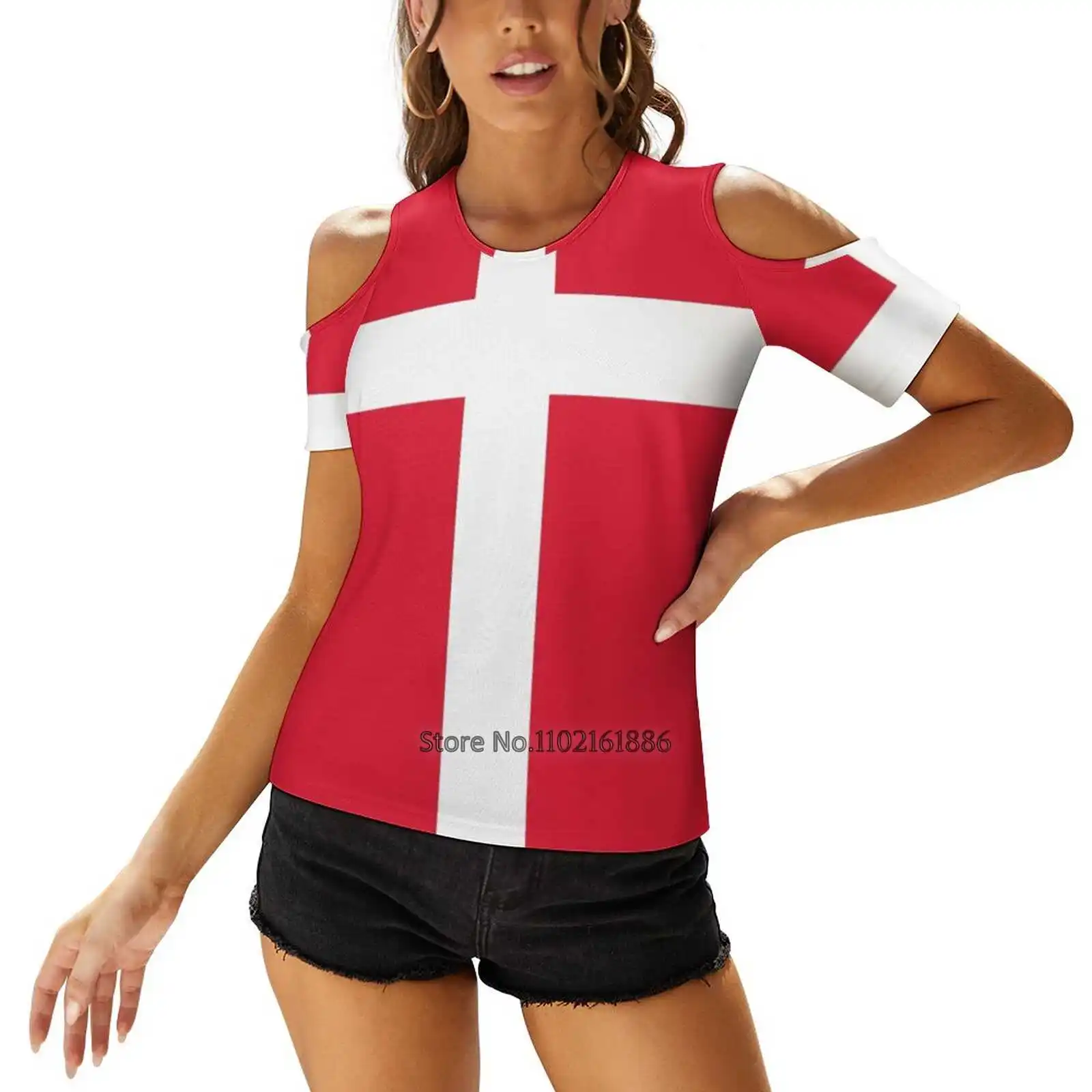 Женские футболки с принтом датского флага топы на молнии V-образным вырезом