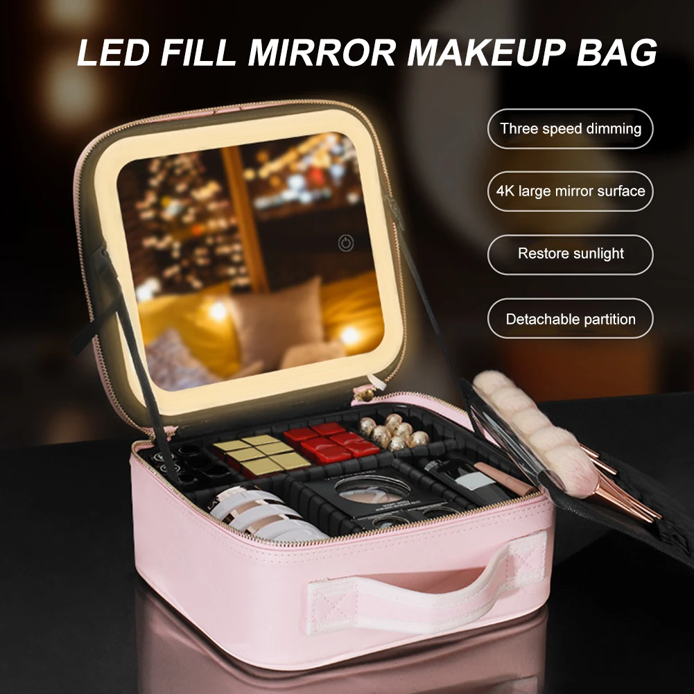

PU Leather Cosmetic Bag Dimmable with Mirror LED Light Makeup Box Zipper Waterproof Detachable Partition for Women Holiday Gifts