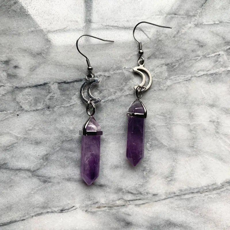 

Natural Purple Quartz Moon Crystal Earrings, Gothic, Wika, Witch Jewelry, Ladies Gift, Fashion Crescent Jewelry