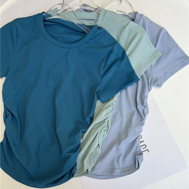 Side Pleated  Yoga Sport T Shirts Women Casual Ribbed Athletic Workout Short Sleeved Top Outfits