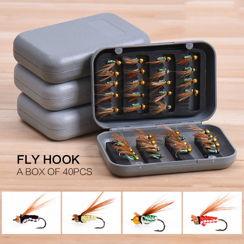 

PRO BEROS 40Pcs/Box Trout Nymph Fly Fishing Lure Dry/Wet Flies Fly Hook Ice Fishing Lures Artificial Bait with Boxed