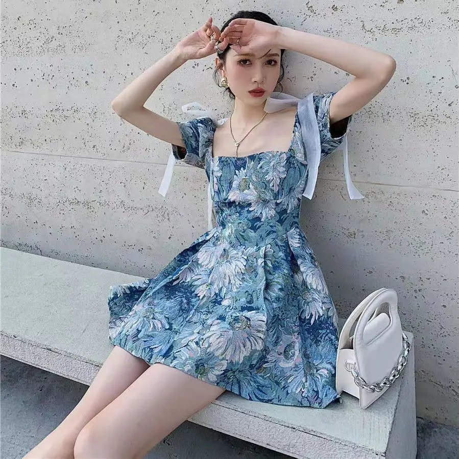 

Summer Woman Elegant Folds Retro Midi Dress Party Casual Beach Holiday slash Neck Sashes Vestidos Flower Printed Vintage Dresses