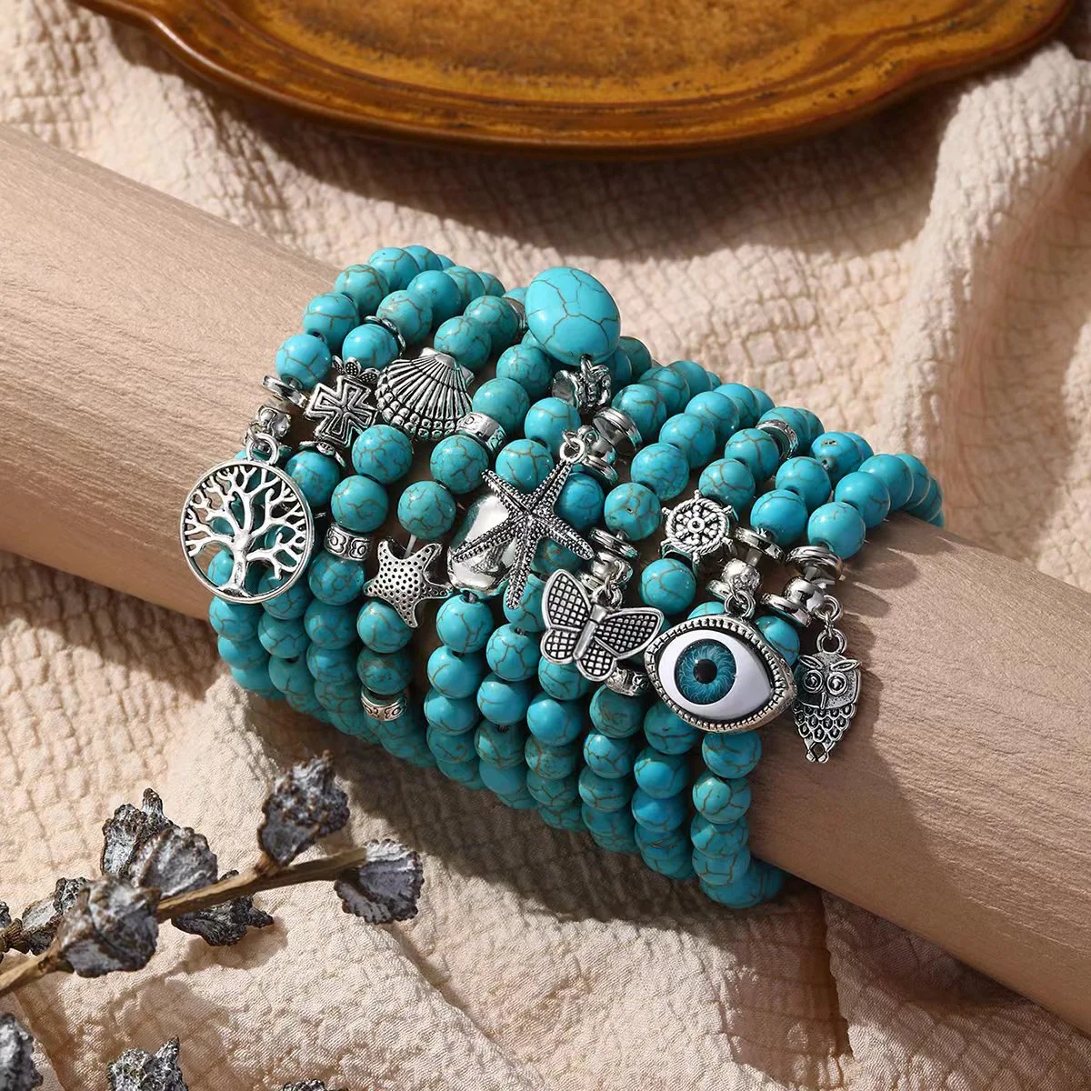

Women Silver Charm Bracelet For Women Cross Owl Evil Eye Butterfly Tree Life Natural Turquoise Stone Bangle Cuff