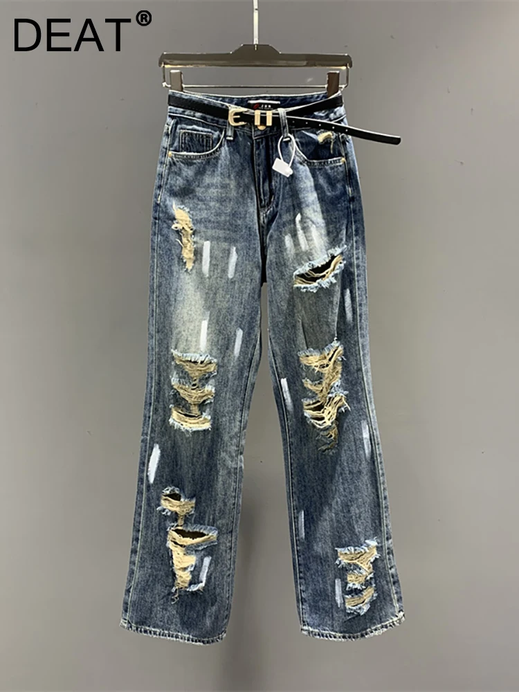 

DEAT Women's Jeans High Waist Destroy Wash Hollow Out Straight Loose Full Length Denim Pants 2023 Summer New Fashion 29L2508