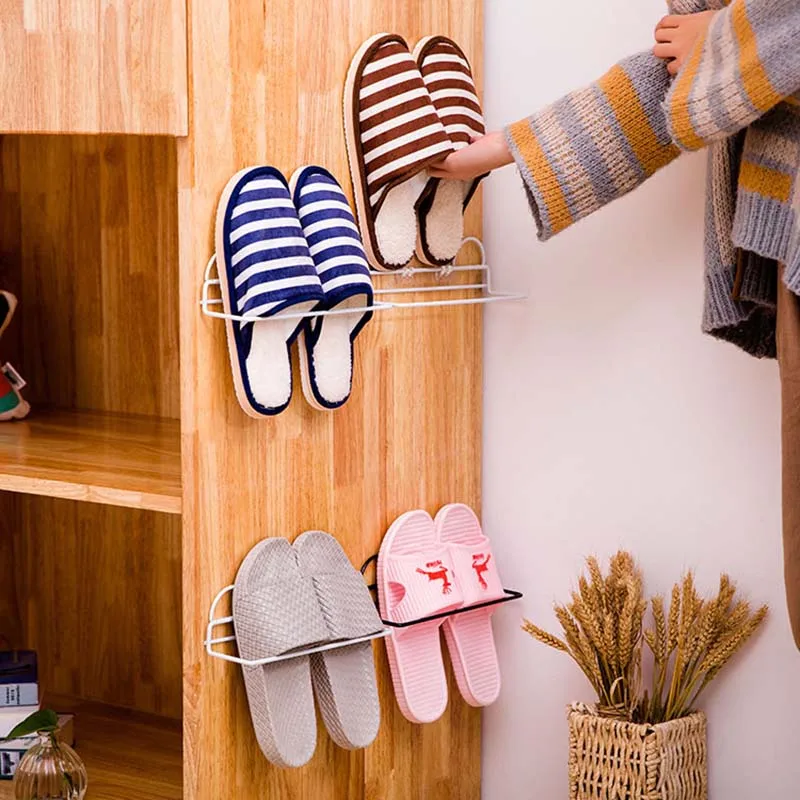 

Paste Type Double-Layer Iron Storage Shoe Hanger Rack Household Wall-Mounted Shelf Shoe Support Bathroom Slipper Simple Shelving