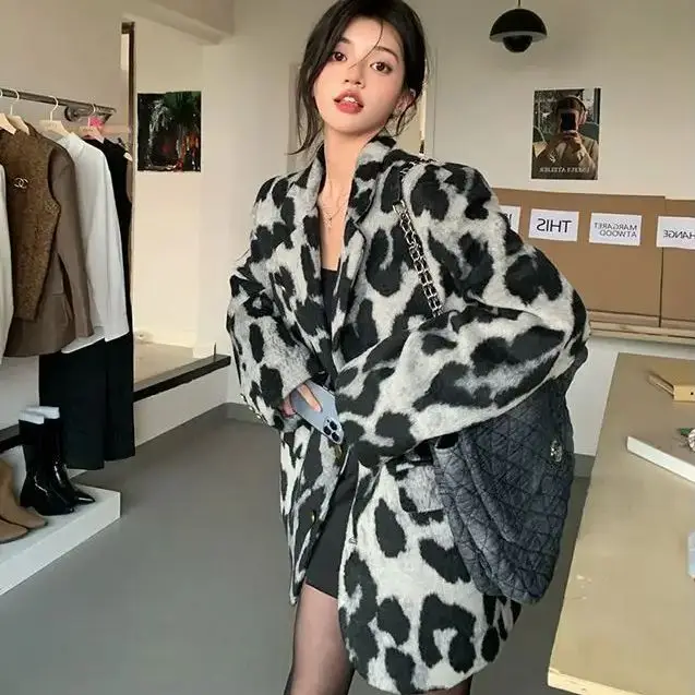 Шерстяной пиджак с леопардовым принтом осень-зима 2024 новый женский элитный