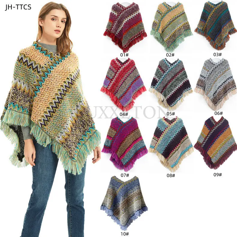 

Women Winter Cloak Soft Knitted Stripe Tassel Cardigan Capes Shawl Coat Ponchos Female Ethnic Cape Poncho Cloak Dropship