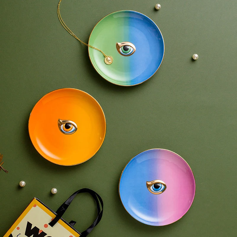 

6 Inch Ceramic Decorative Plate Colorful Eye Jewelry Storage Porcelain Tray Desk Storage Trays Decorative