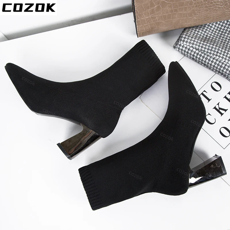 Weave High Heels Boots Women Dress Women Shoes Boots Elastic Fabric Boots Chunky 2022 New Fashion Designer Goth Ladies Shoes