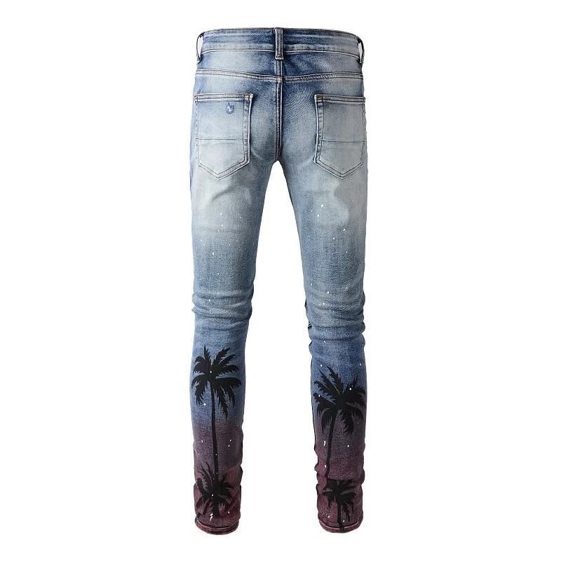 Men's Steetwear Style Skinny Stretch Holes Slim Fit Light Blue High Street Distressed Tie Dye Ripped Painted Jeans