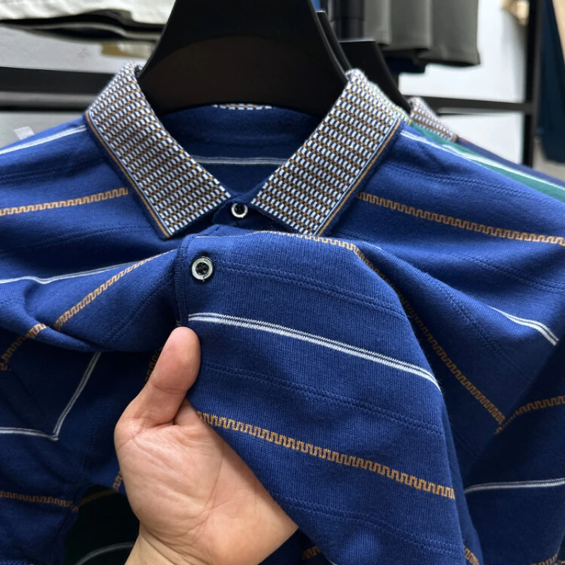 Новинка 2024 мужская летняя полосатая рубашка-поло с коротким рукавом модная и