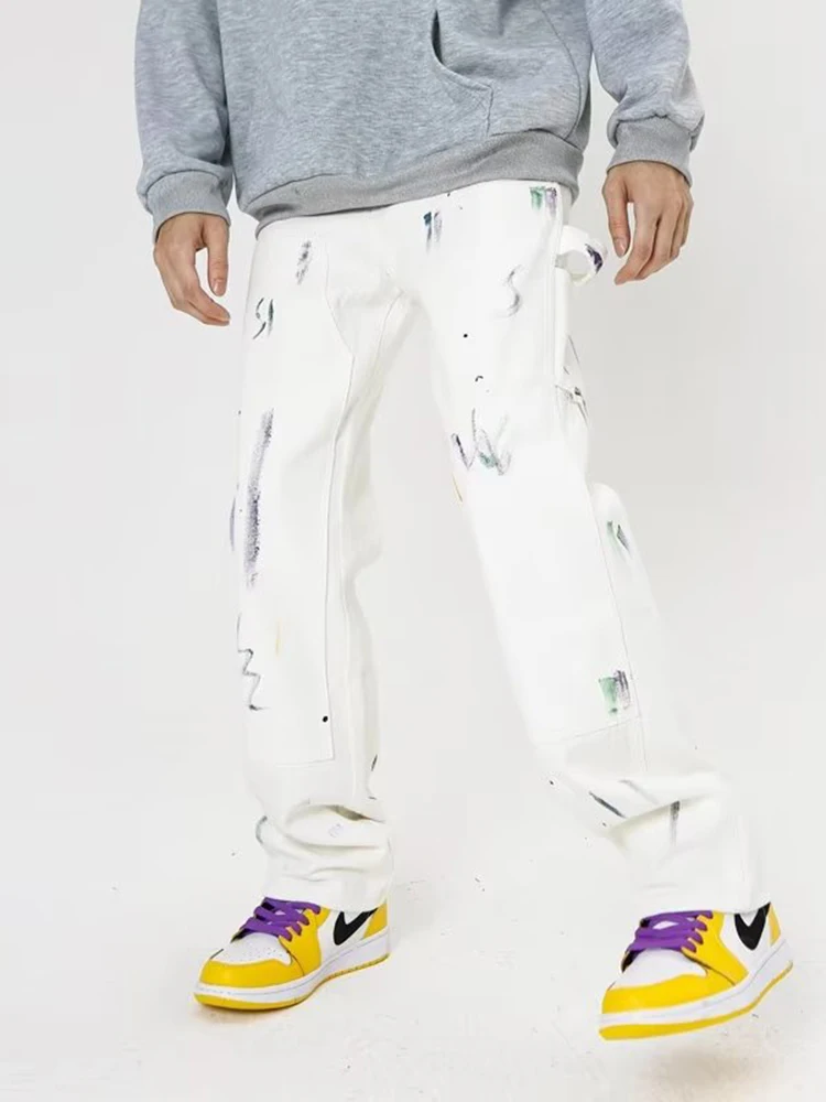 Irregular Ink Splashing Complete Printing Men's Casual Jeans Street Clothing Fashion Pants Pants Pants Straight Legs White Denim