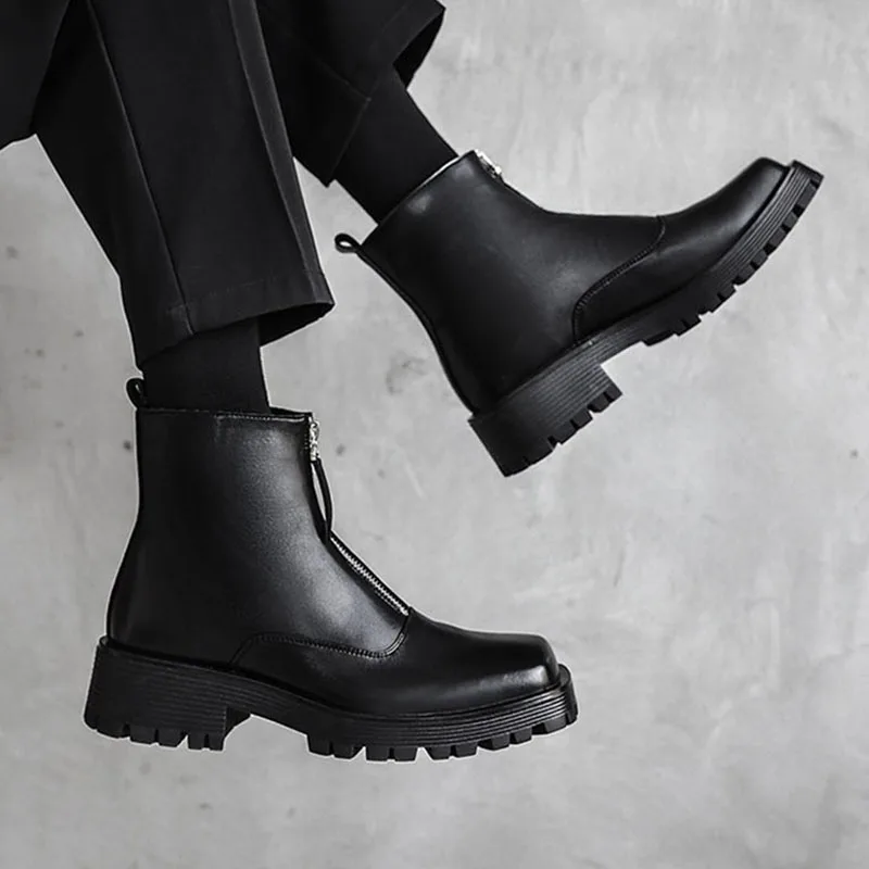 

Fashon Boots Men Leather Shoes Thick Sole Spring Autumn Male Footwear Brand Male Ankle Botas Zip Black A4814