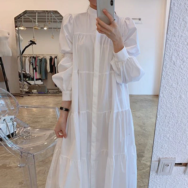 

Lucyever Casual Black White Muslim Dress Women Elegant Puff Sleeve Loose Long Dresses Female Buttons Stand-Up Collar Vestidos