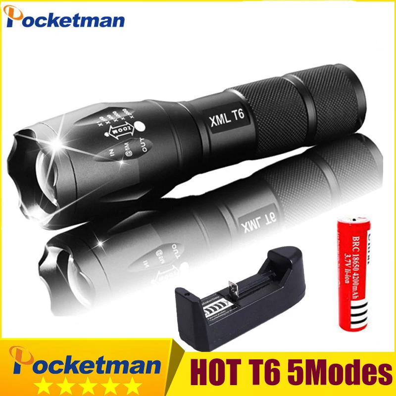 

Фонарик Pocketman XML T6 светодиодный перезаряжаемый, мощный уличный фонарь для кемпинга с аккумулятором 18650, мощностью 93