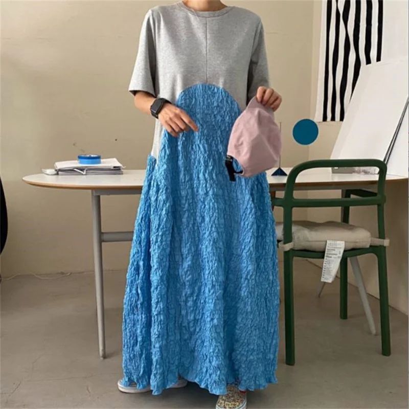 

New women ankle long Loose Crew Neck Knit Panel Bubble Cotton Dress