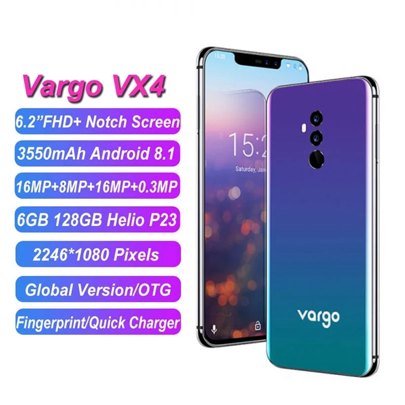 

Vargo VX4 6.2" FHD+ Screen Smartphone 6GB + 128GB 16MP Camera Fingerprint 3550mAh MTK6763 Android 8.1 Mobile Phone PK UMIDIGI Z2
