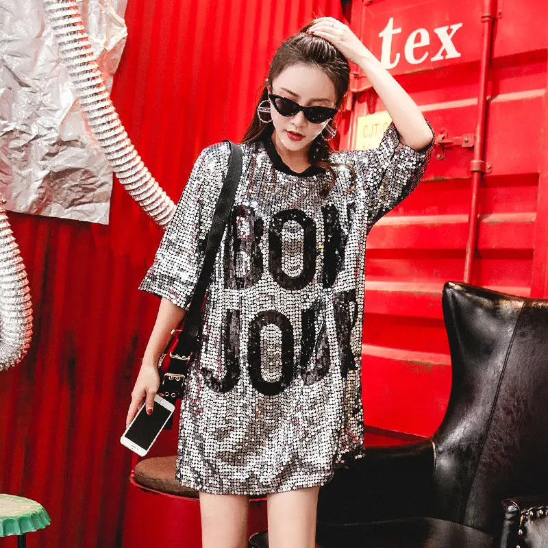 

Sequined T-shirt For Women Shiny Bling Long Loose Half-sleeve Top Kawaii Dance Performanc Outwear Clothes Wholesale