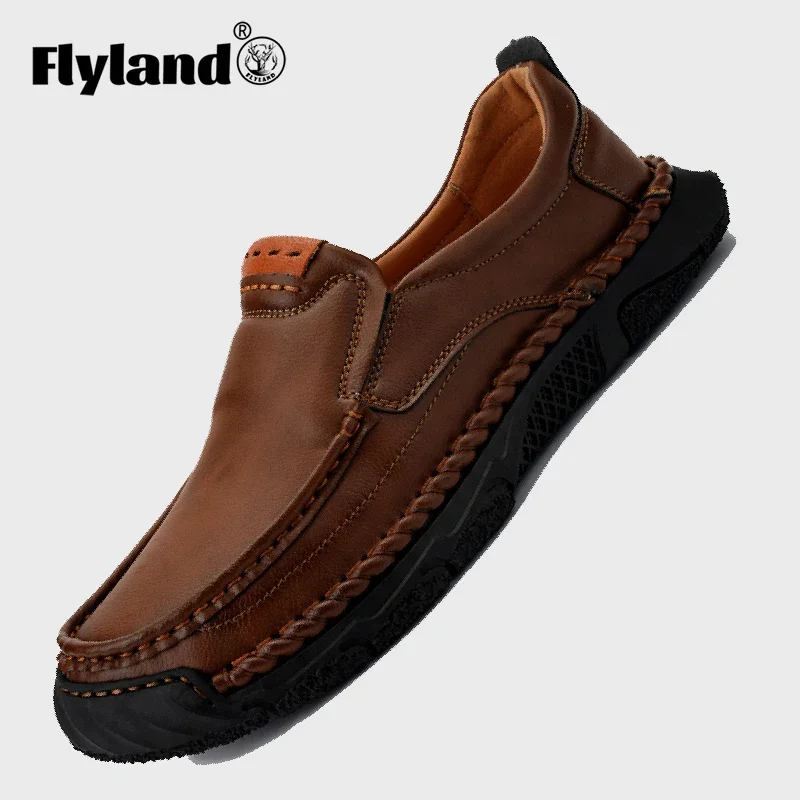 Мокасины FLYLAND мужские кожаные туфли ручной работы плоская подошва лоферы